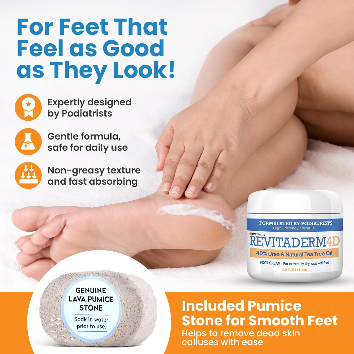 Appliquez Revitaderm 4D sur les pieds pour une peau plus douce.