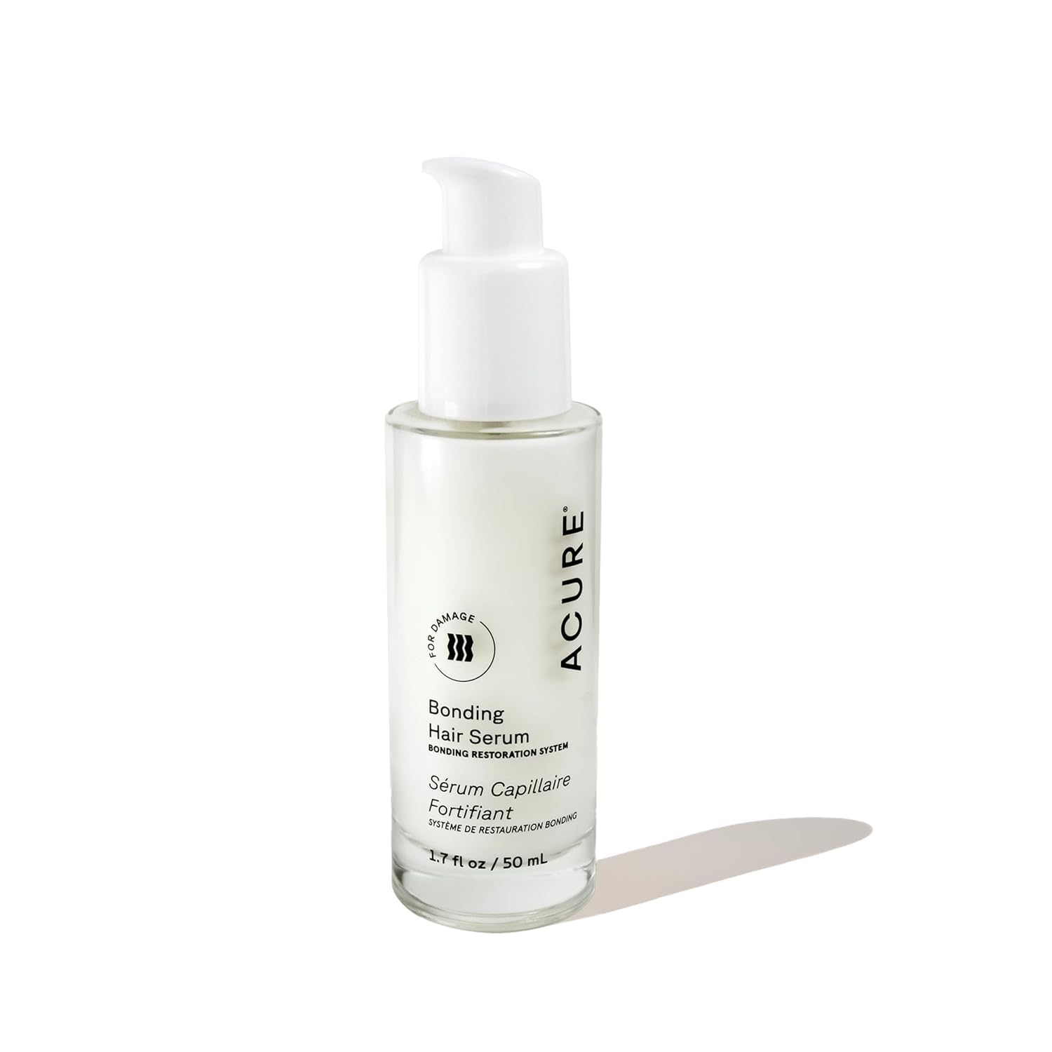 Acure Bonding Hair Serum bottle showing lightweight frizz control and shine