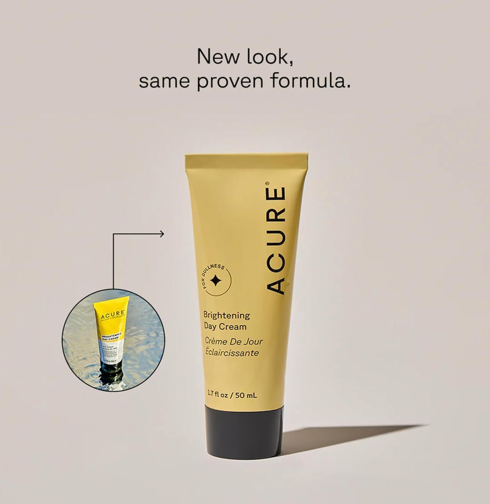 Acure Crème éclaircissante du jour, texture visage légère pour teint unifié.