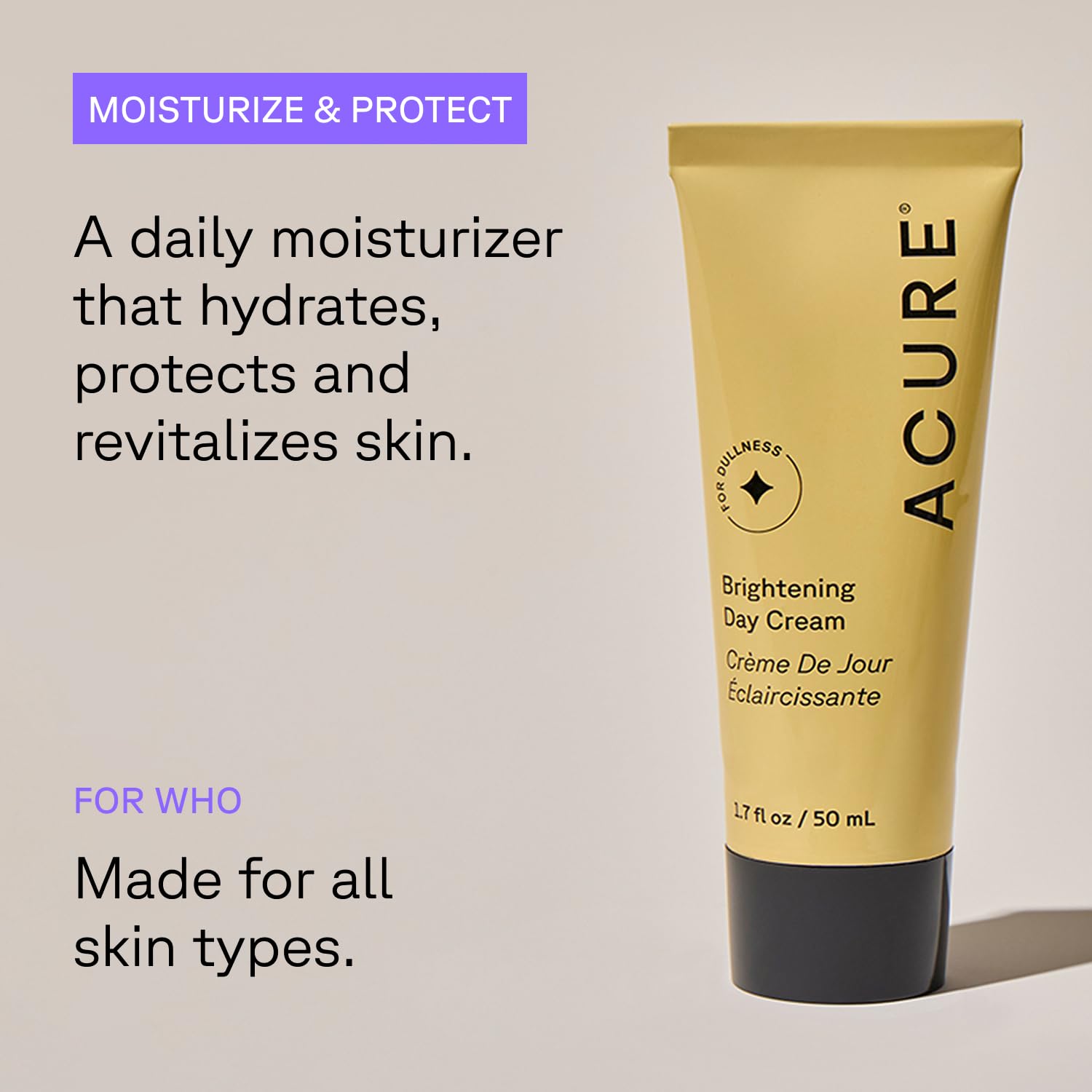 Acure Crème éclaircissante du jour, ingrédients argan et cica nourrissent la peau.