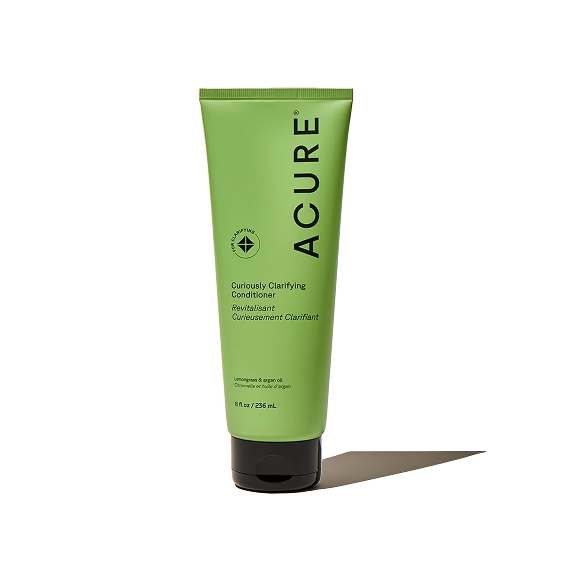 Acure Conditionneur Clarifiant, bouteille élégante, cheveux propres et revitalisés.