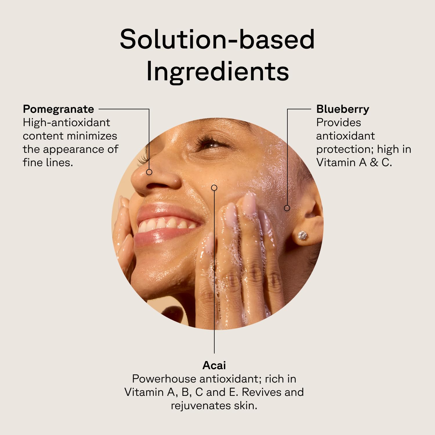 Acure ingrédients grenade et açaï — antioxydants nourrissent la peau.
