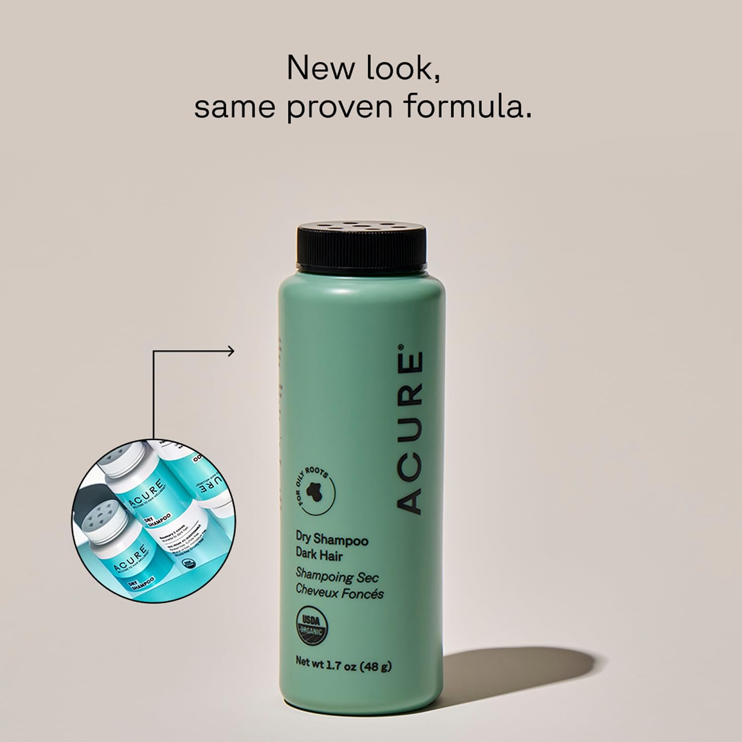 Acure Poudre Séche - application rapide pour cheveux bruns, aspect frais sans lavage