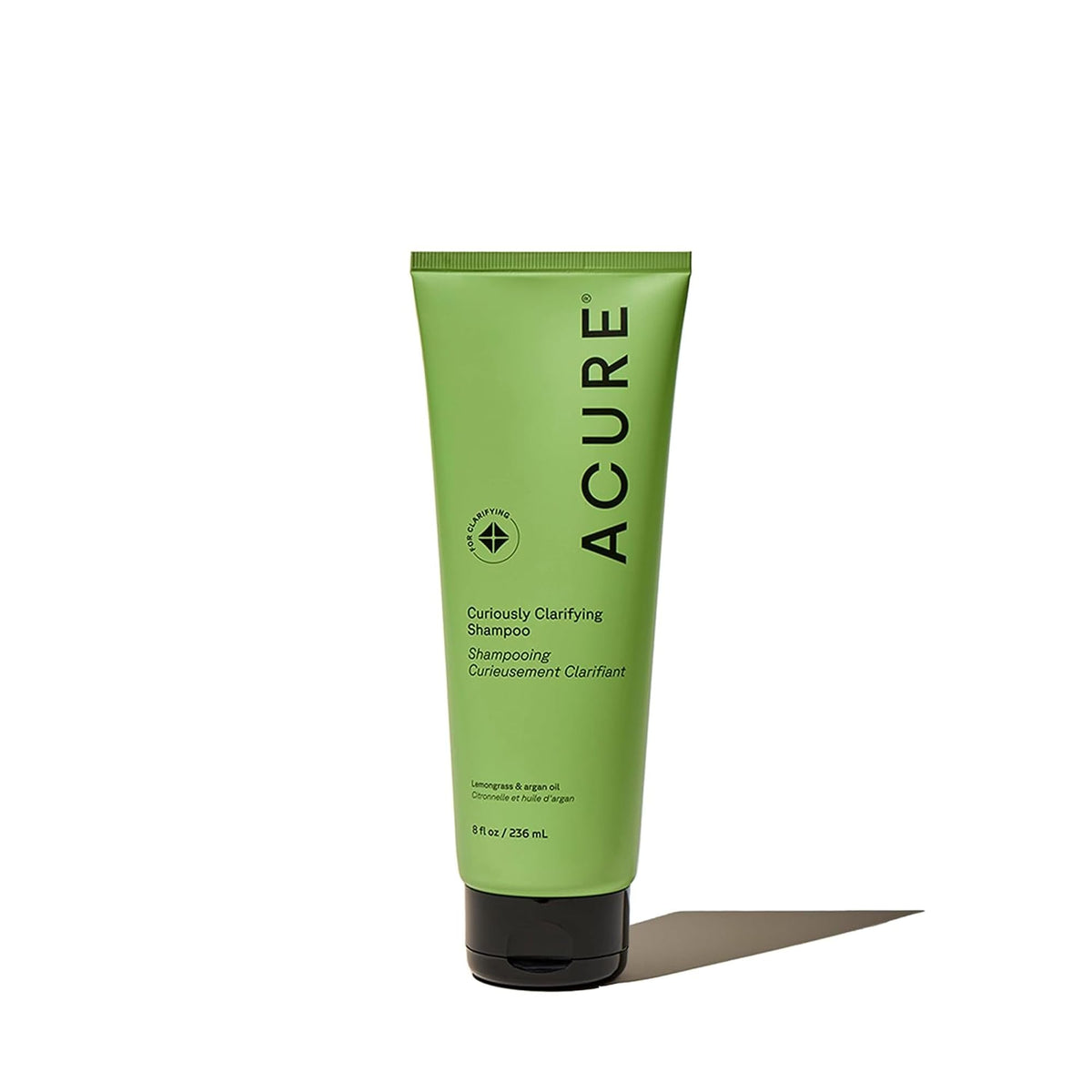 Acure Shampoing Clarifiant Curieusement – bouteille montrée pour détoxifier le cuir chevelu et éliminer les résidus.