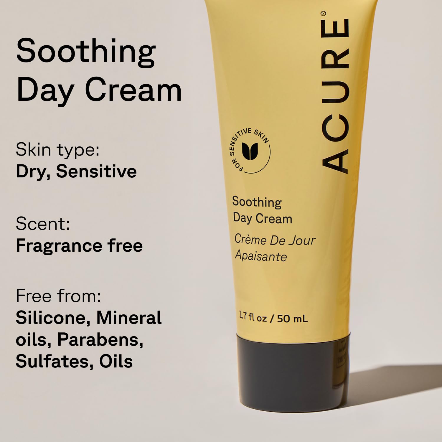 Ingrédients clés Acure (argan et camomille) pour nourrir et apaiser la peau sensible.