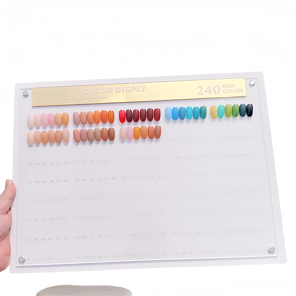 Planche d'affichage couleurs ongles Acycoin2A, organisation visuelle professionnelle.