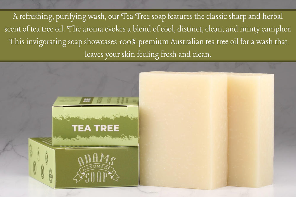 Savon Adams Tea Tree Castile, fabriqué à la main aux États-Unis, méthode artisanale.