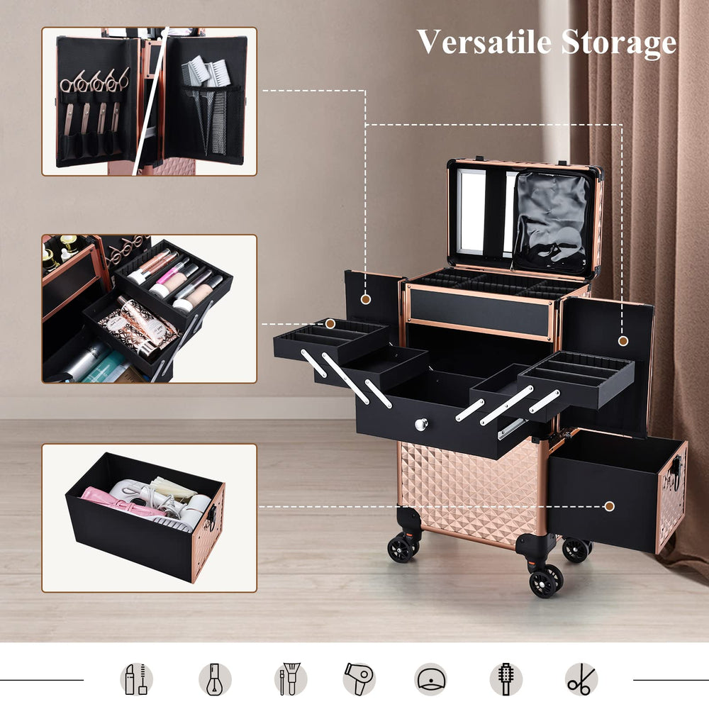 Valise Adazzo rose doré, compartiment supérieur reglable pour outils variés.