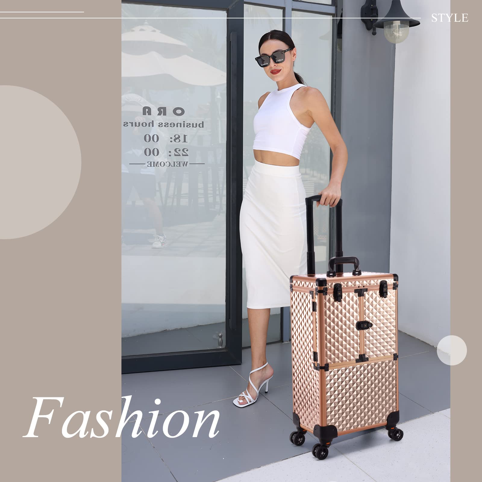 Valise Adazzo rose doré, intérieur en aluminium robuste pour outils professionnels.