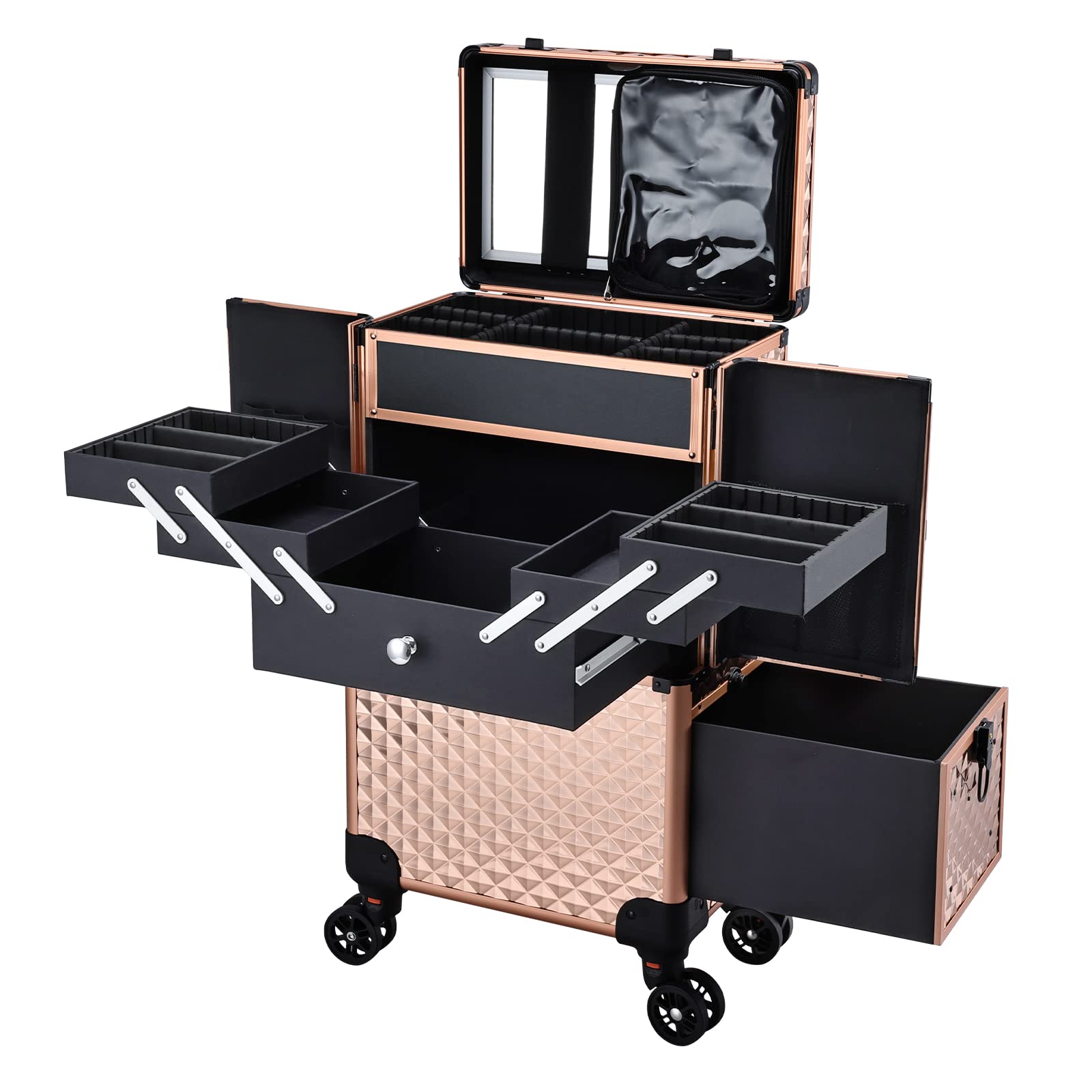 Adazzo valise maquillage pro rose doré avec roues à 360° pour déplacements faciles.