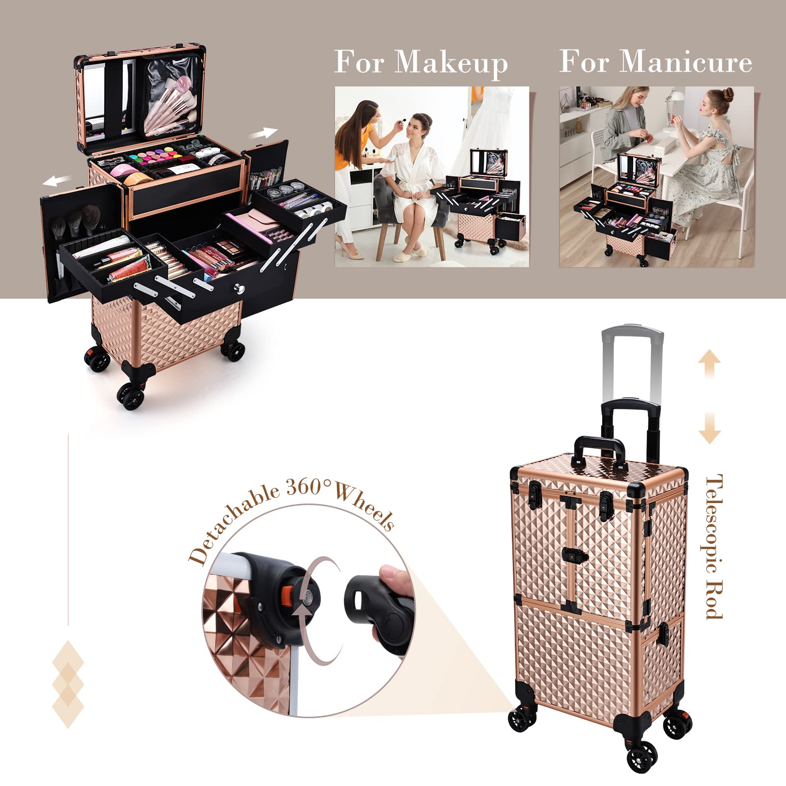 Valise Adazzo rose doré, tiroir glissant pratique pour lampe ongles portable.