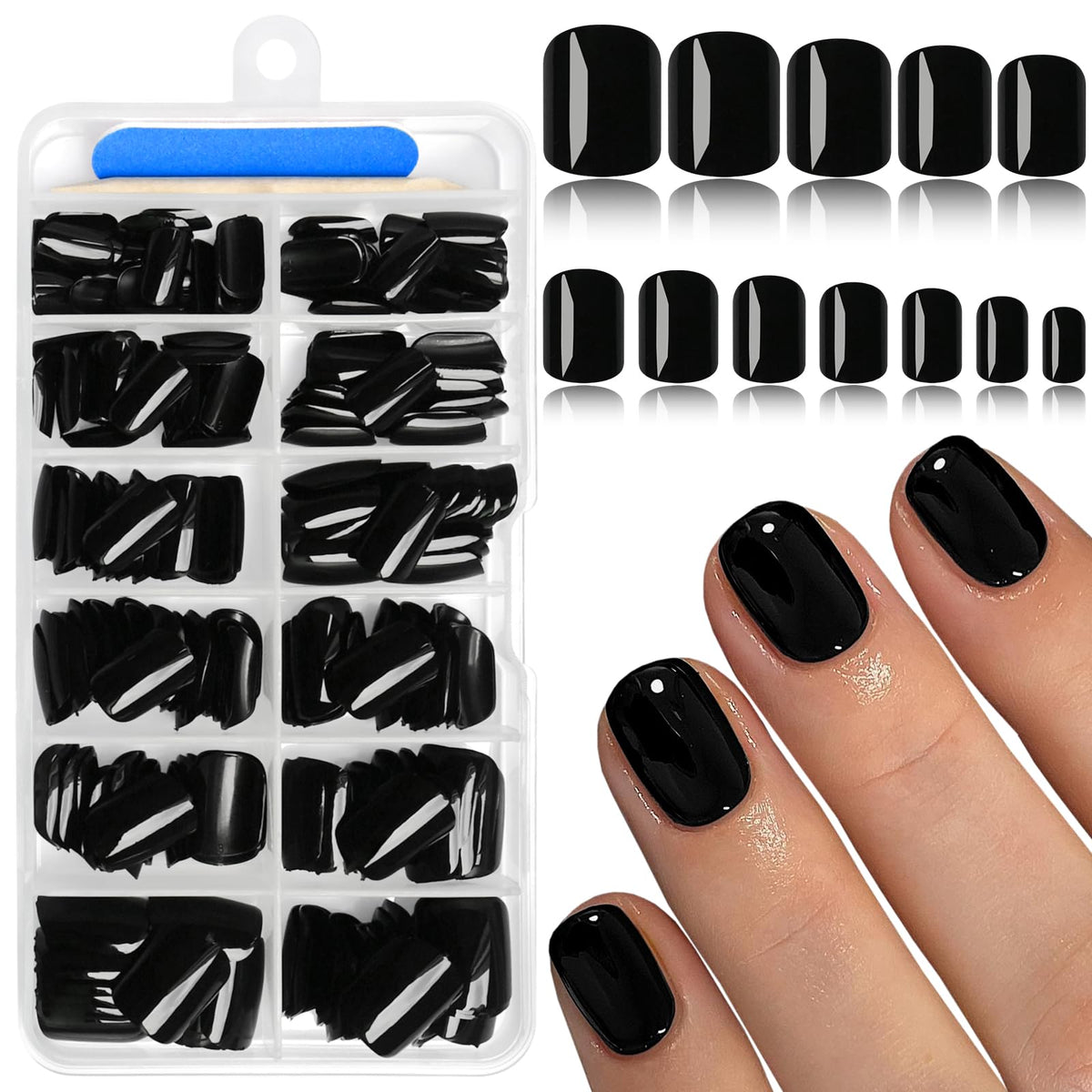 AddFavor ongles noirs courts carrés brillants pour une manucure rapide