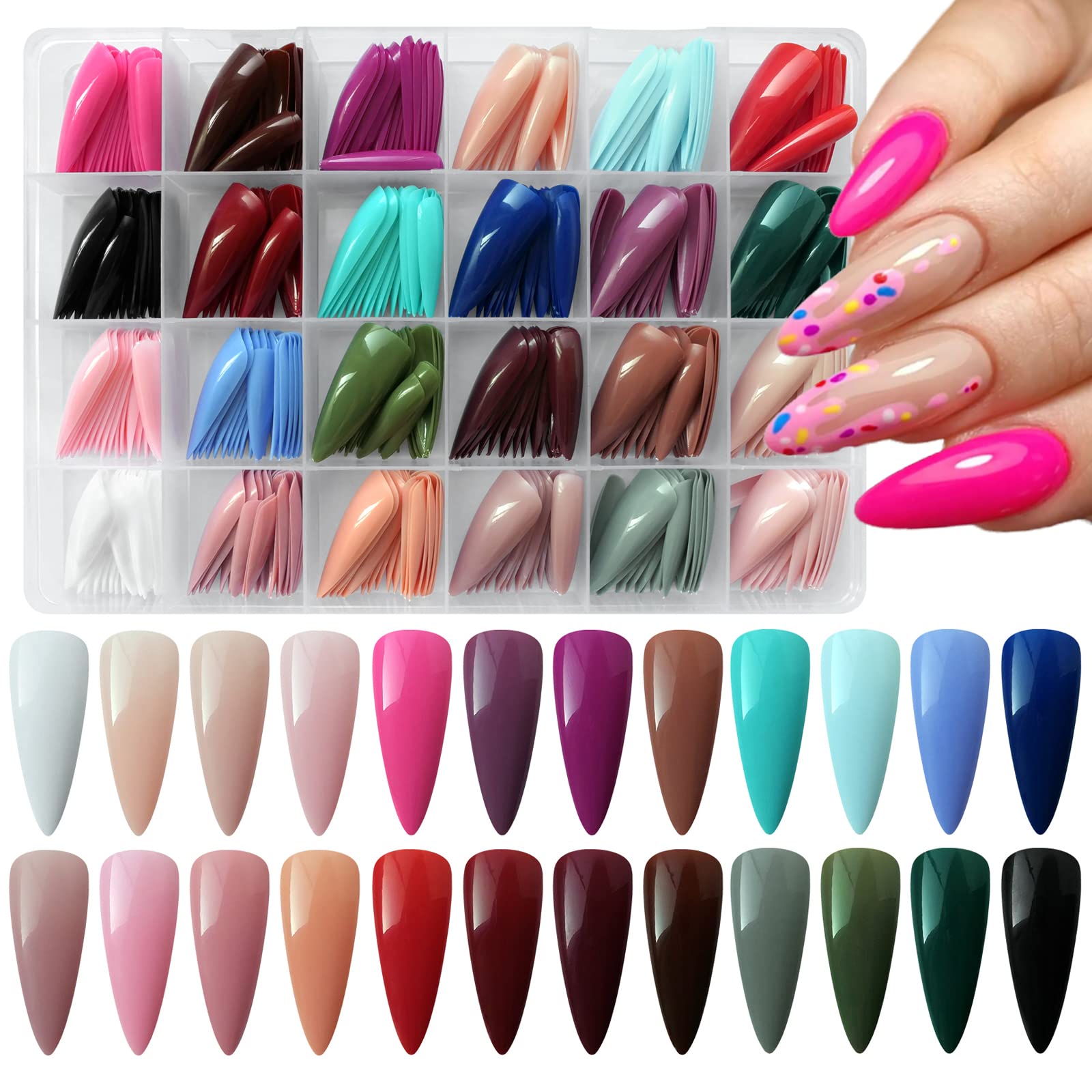 Ongles AddFavor stiletto long avec 24 couleurs éclatantes.