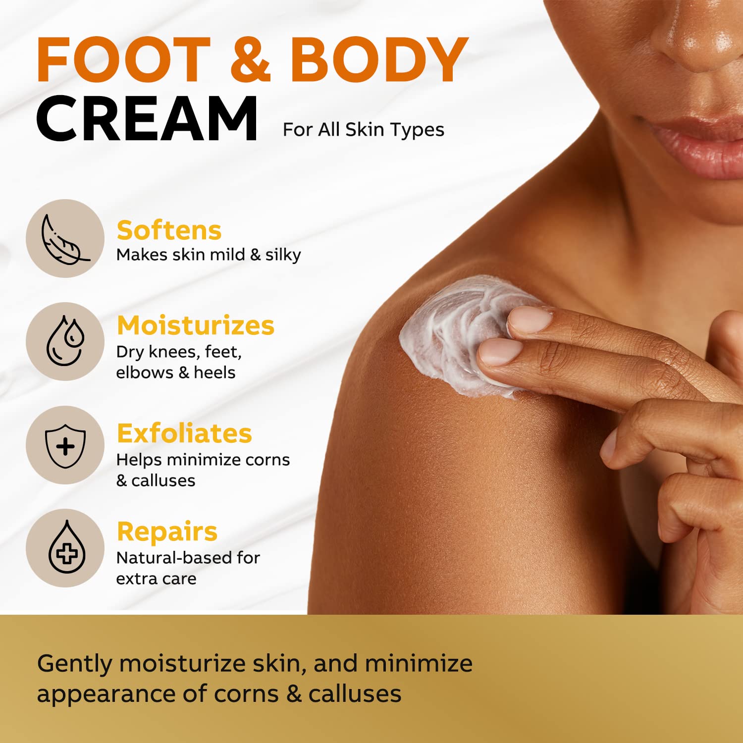 Cream texture close-up showing rich, quick-absorbing formula for feet and elbows.