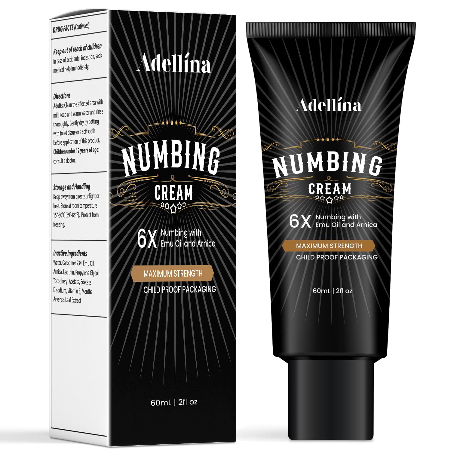 Crème Adellina anesthésiante en bouteille, sensation rafraîchissante immédiate.