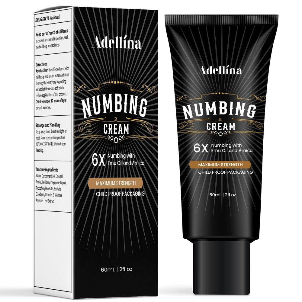 Crème Adellina anesthésiante en bouteille, sensation rafraîchissante immédiate.