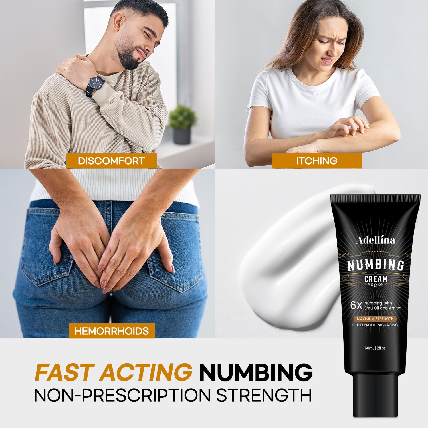 Ingrédients Arnica et huile d’ému, Adellina pour douceur cutanée.