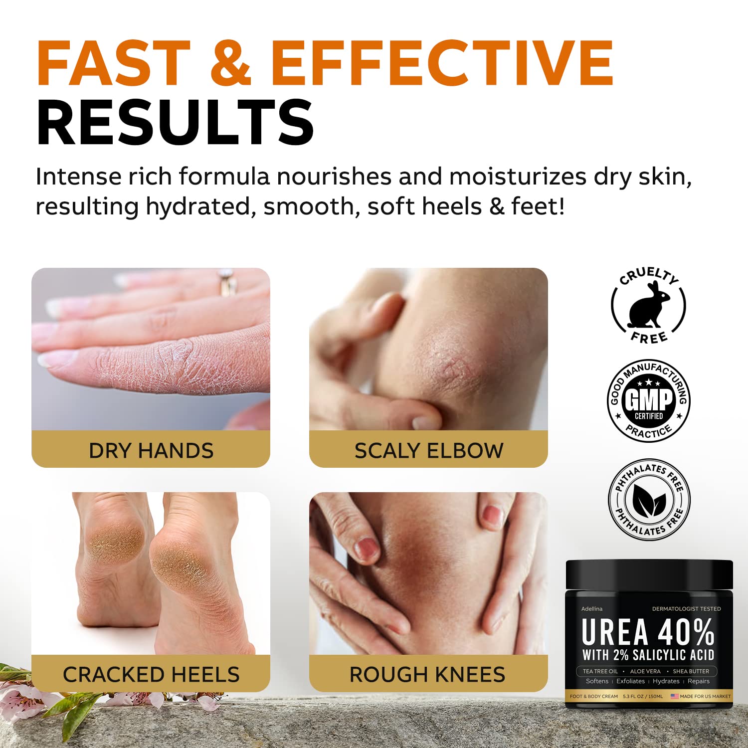 Ingredients scene with Tea Tree Oil, Aloe Vera, Shea Butter in Adellina cream.