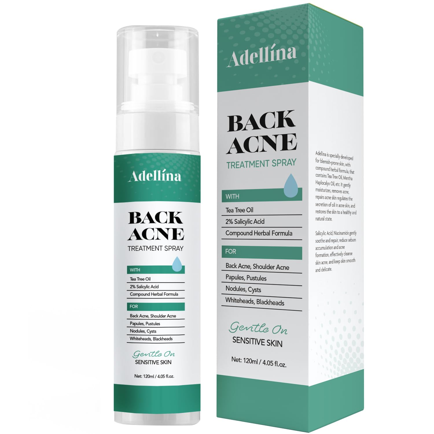 Adellina Spray Acné Dos, bouteille pratique pour cibler l'acné du dos.
