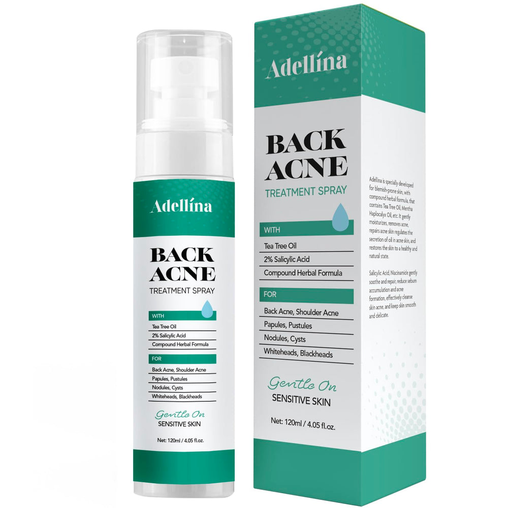 Adellina Spray Acné Dos, bouteille pratique pour cibler l'acné du dos.