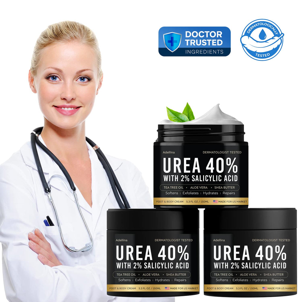 Adellina Urea 40% label highlights premium ingredients for skin nourishment.