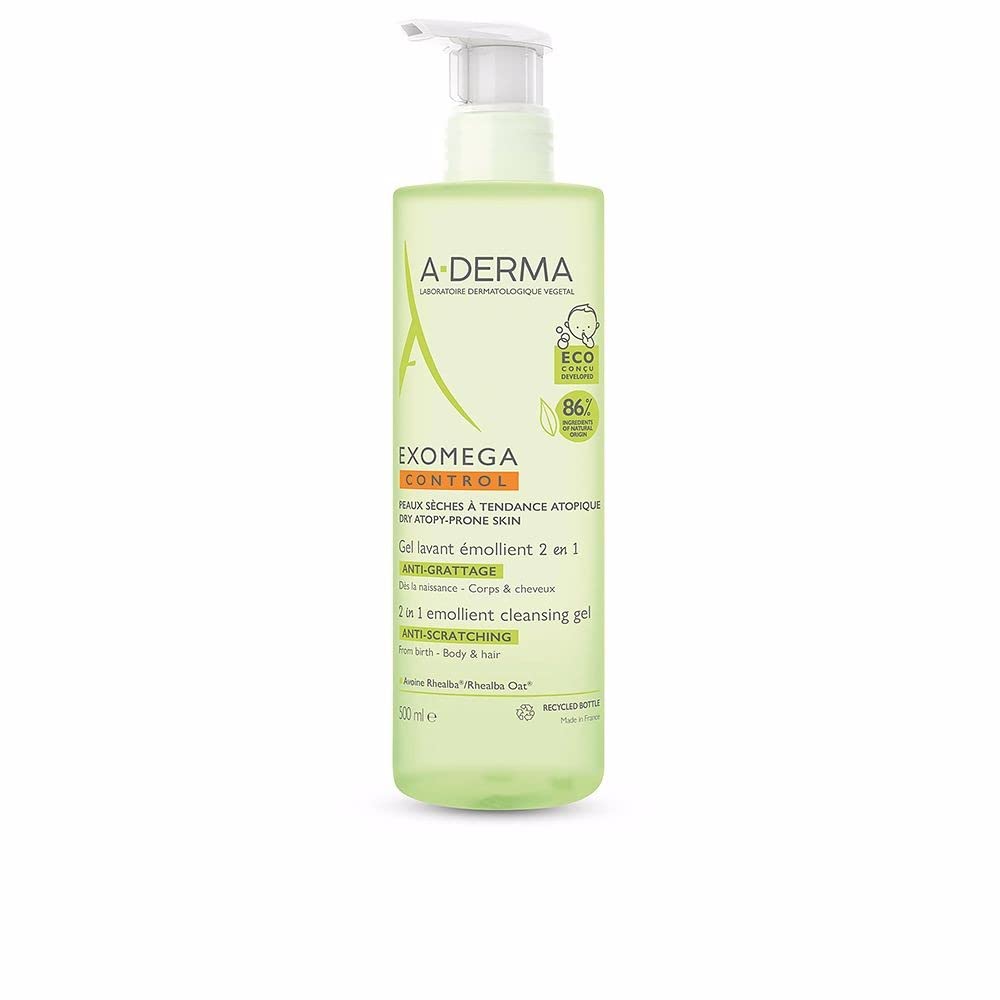 A-Derma Exomega Gel Emollient, bouteille 500ml, hydratation douce pour peaux sensibles.