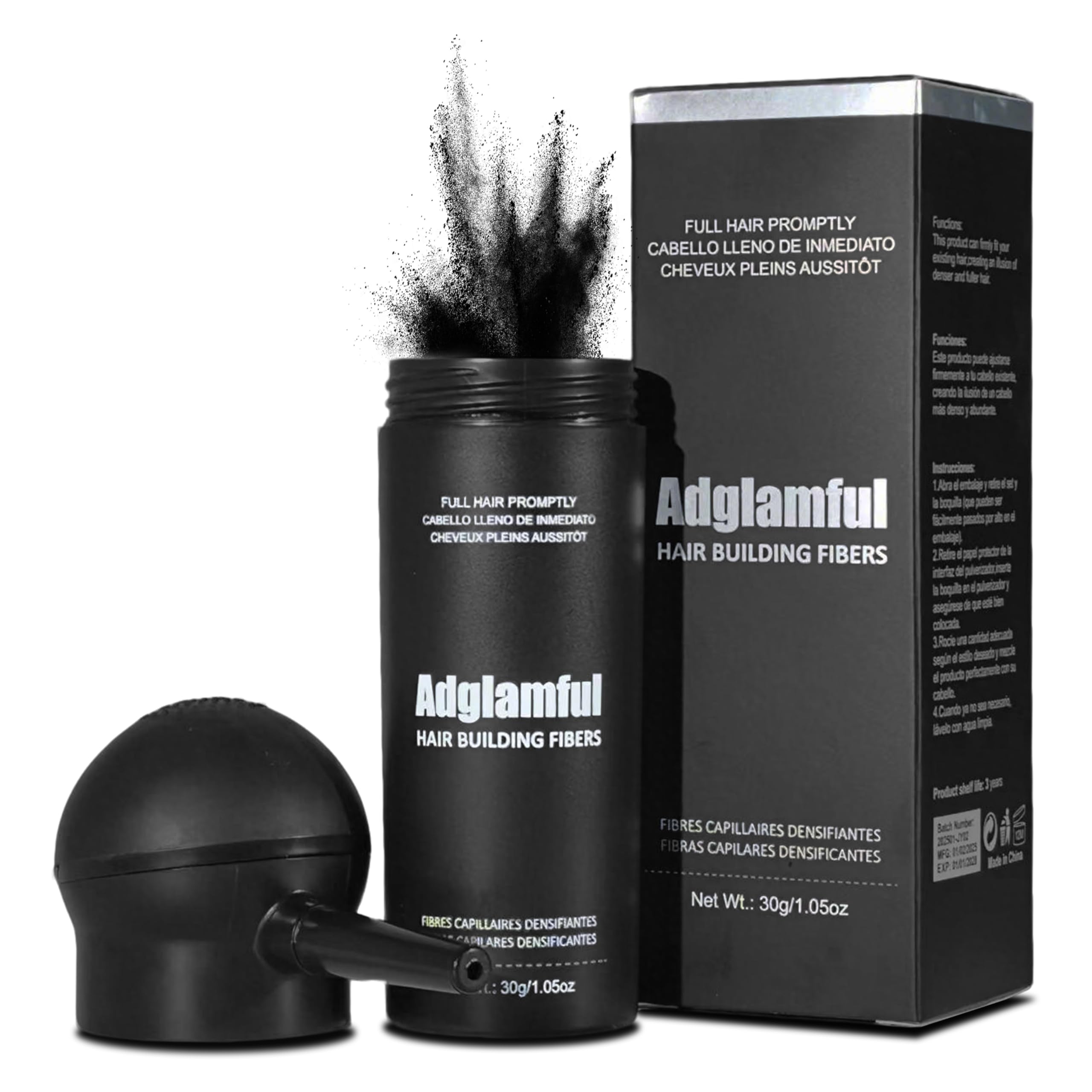 Adglamful fibres capillaires bouteille pulverisateur : couverture rapide et naturelle des zones clairsemées.