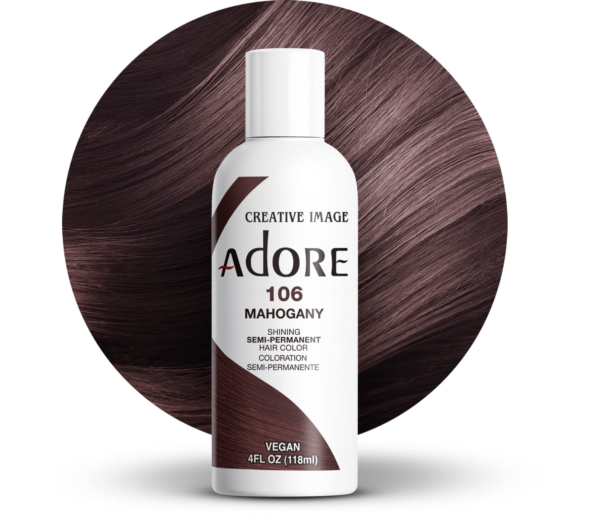 Adore couleur acajou pour cheveux, bouteille visible, rendu riche et durable.