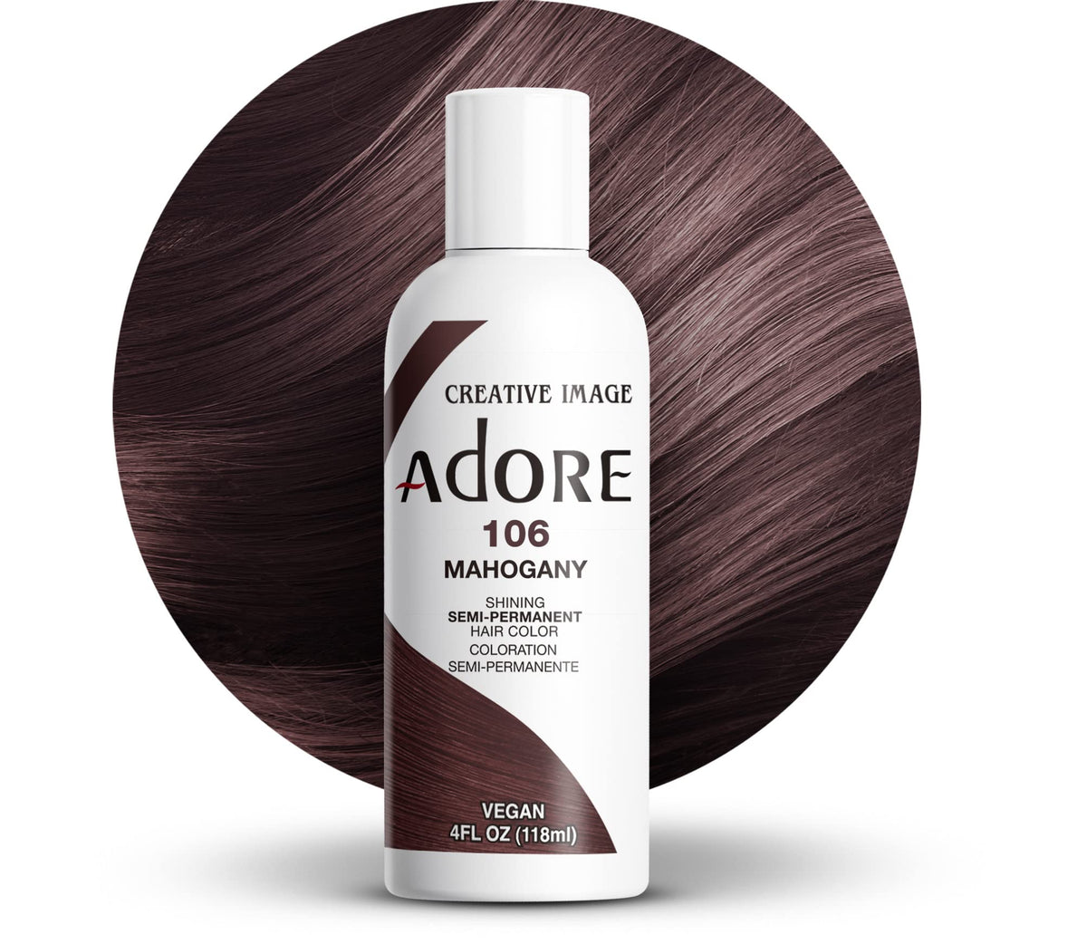 Adore couleur acajou pour cheveux, bouteille visible, rendu riche et durable.