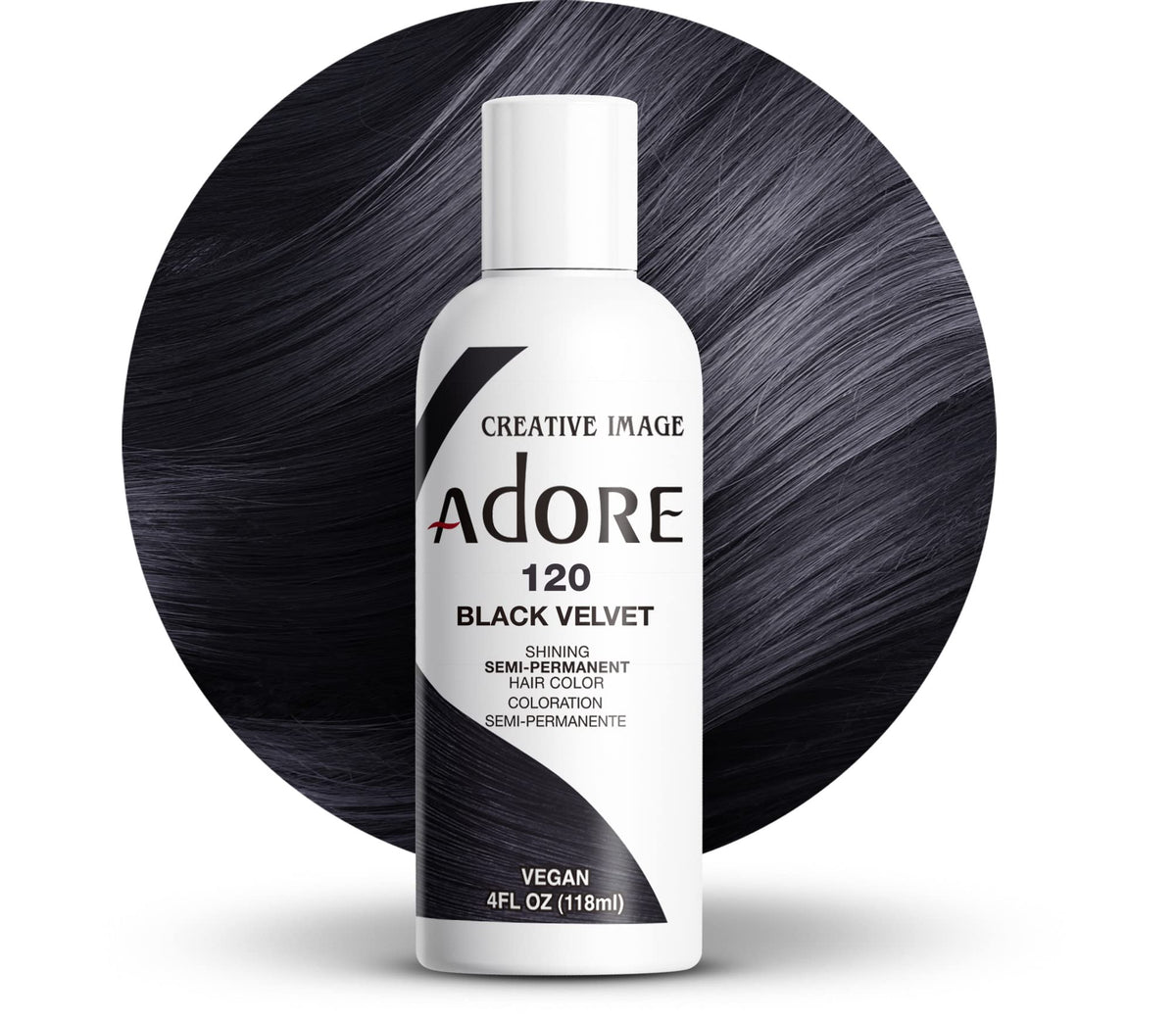 Bouteille Adore Coloration Cheveux Noir Velours prête à l’emploi, couverture intense.