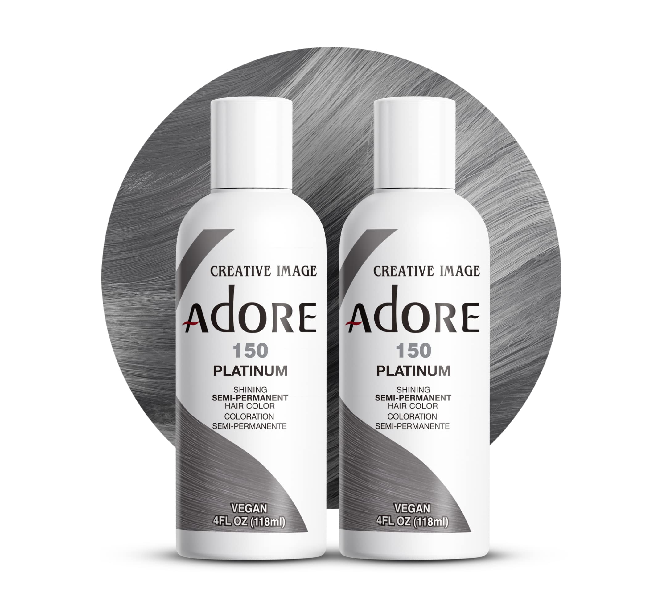 Adore Coloration Semi-Permanente Platinum 150, duo de flacons prêt à l'emploi pour une couleur durable.