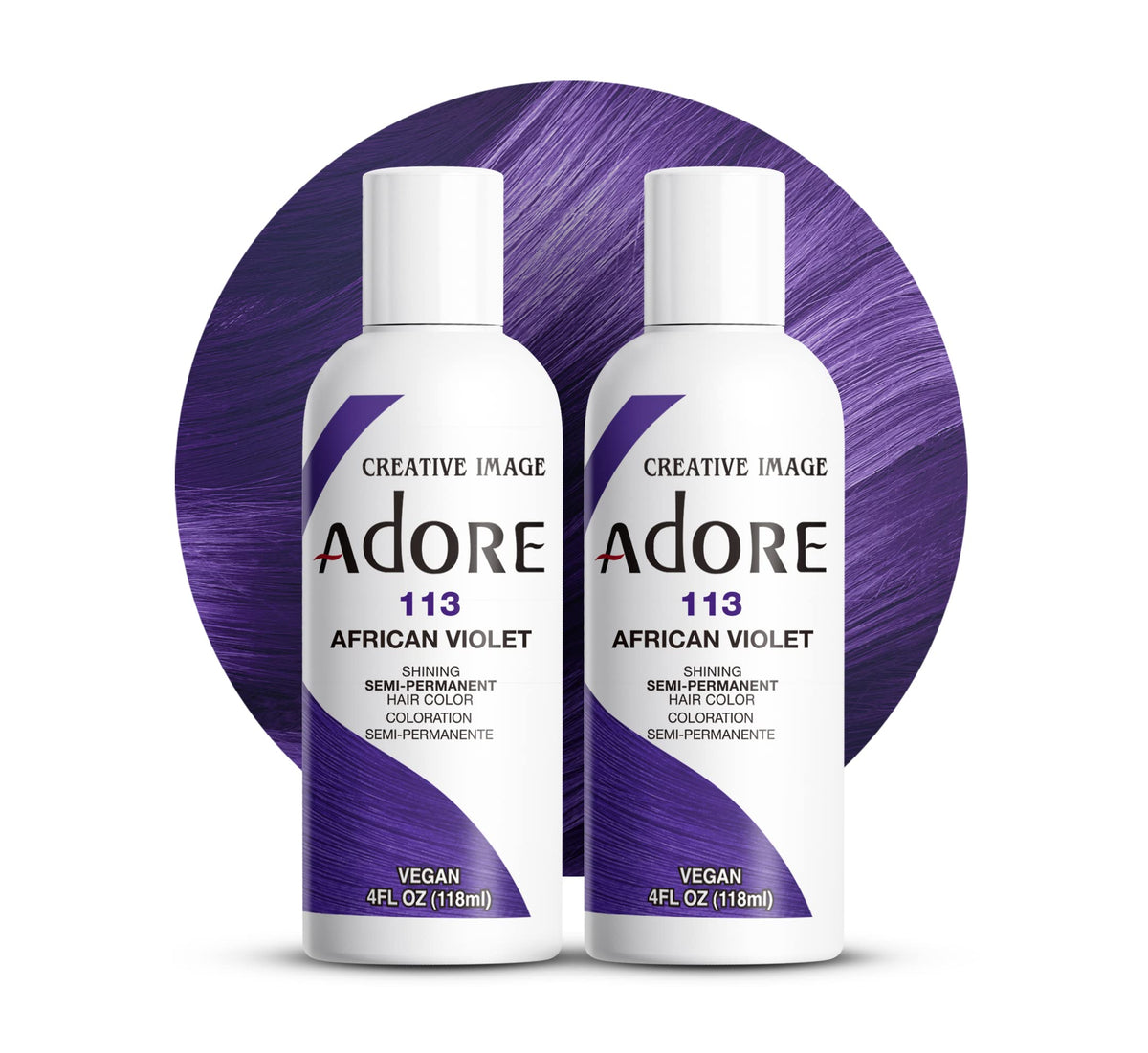 Adore Violet africain semi-permanent, teinte vive et durable sur cheveux.