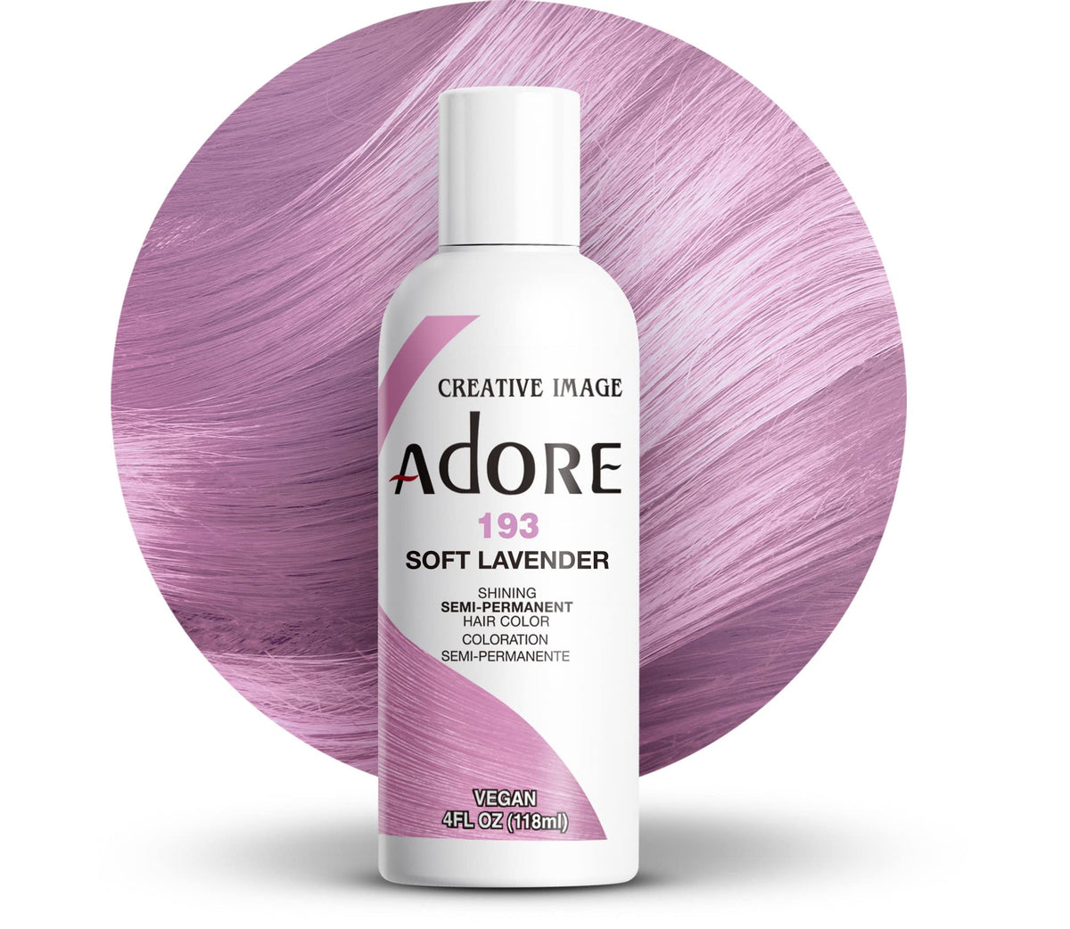 Adore Couleur Semi-Permanent Lavande Douce – bouteille prête à l’emploi pour une couleur intense et durable.