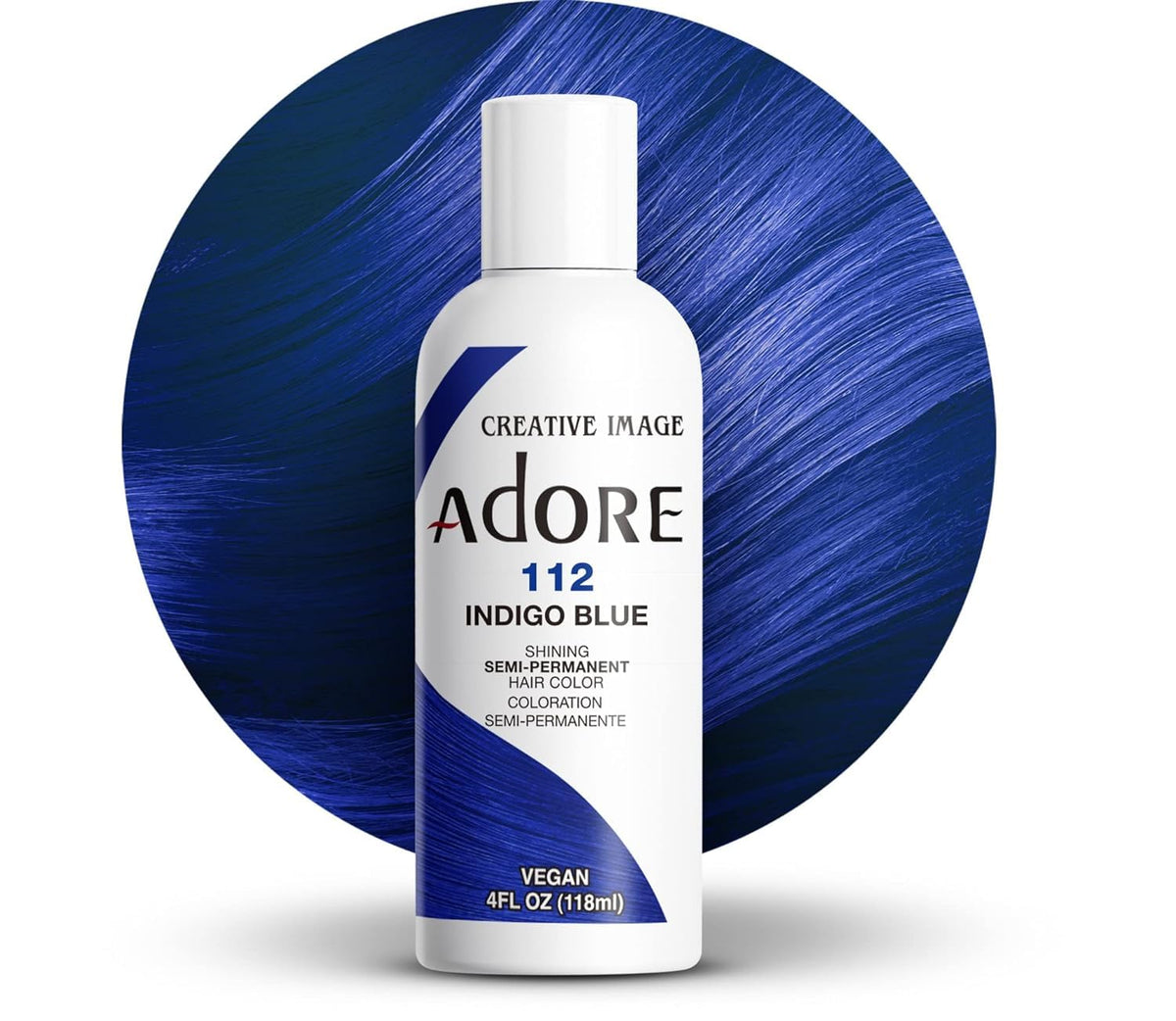 Adore Indigo Bleu : bouteille montrant une couleur durable et riche pour une couvrance uniforme.