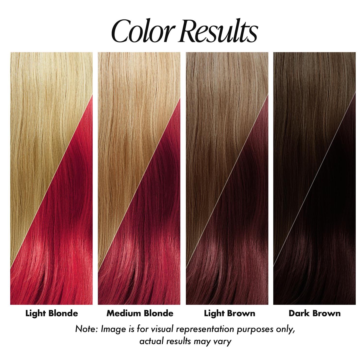 Adore, teinte rouge-cramoisi, avant/après sur cheveux.