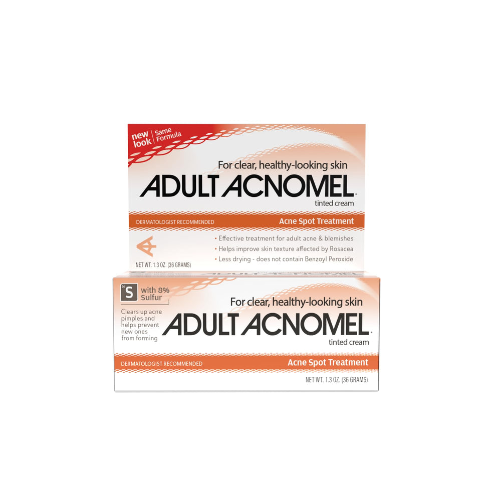 Adult Acnomel acne cream jar closeup with tinted formula for at-home blemish care