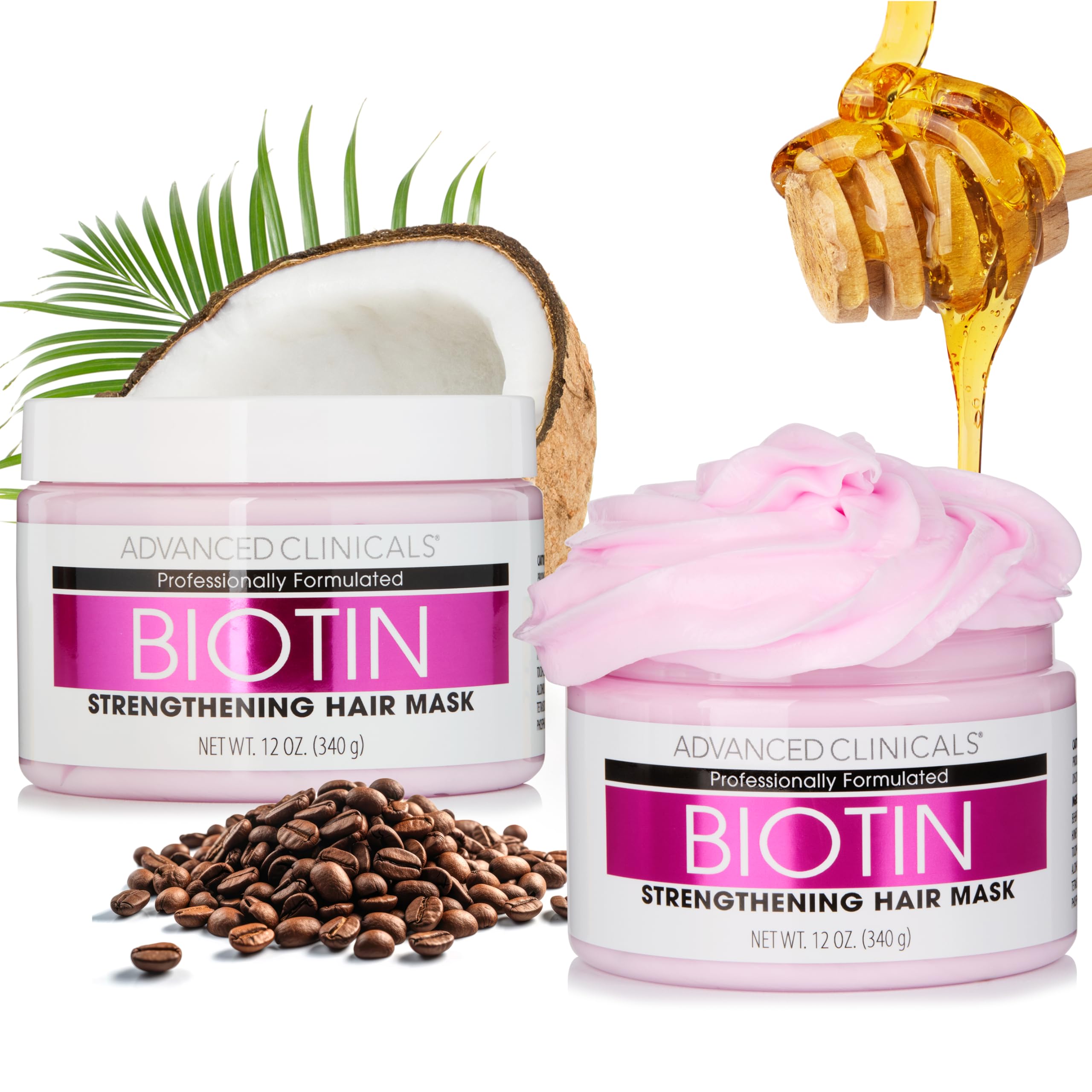 Masque capillaire Biotine Advanced Clinicals sur bouteille, hydratation rapide et douceur.