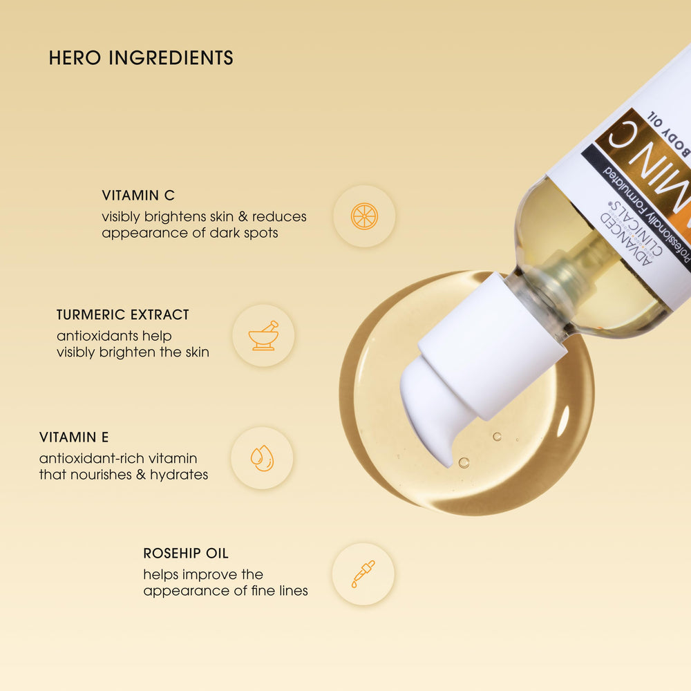 Bouteille d'huile vitaminée Advanced Clinicals prête à l'emploi.