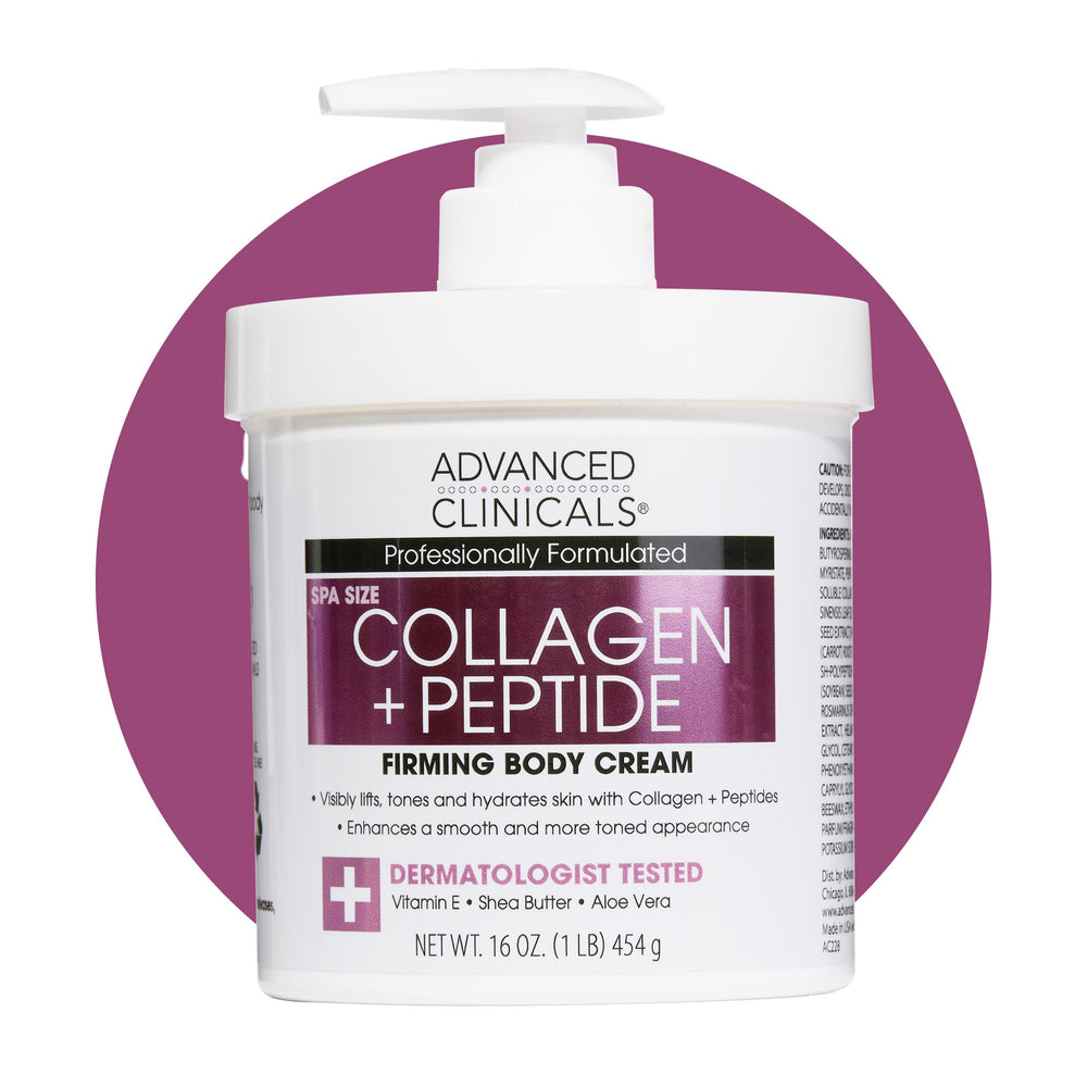 Advanced Clinicals Collagen Peptides Body Lotion sur la bouteille pour une hydratation durable.