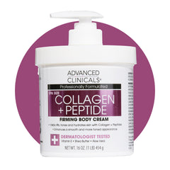 Advanced Clinicals Collagen Peptides Body Lotion sur la bouteille pour une hydratation durable.