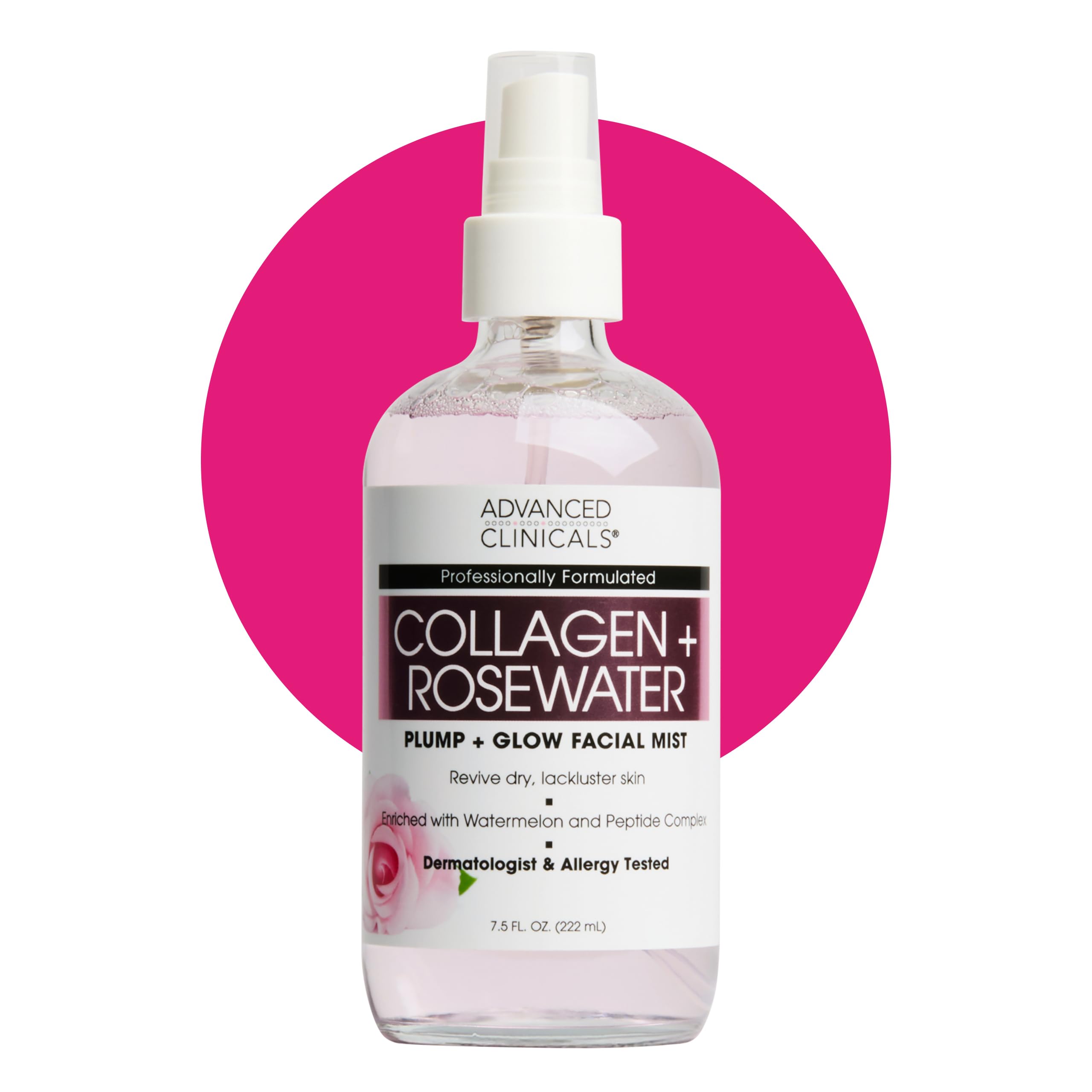 Advanced Clinicals Collagen Rosewater Face Mist bottle close-up for hydration and glow.