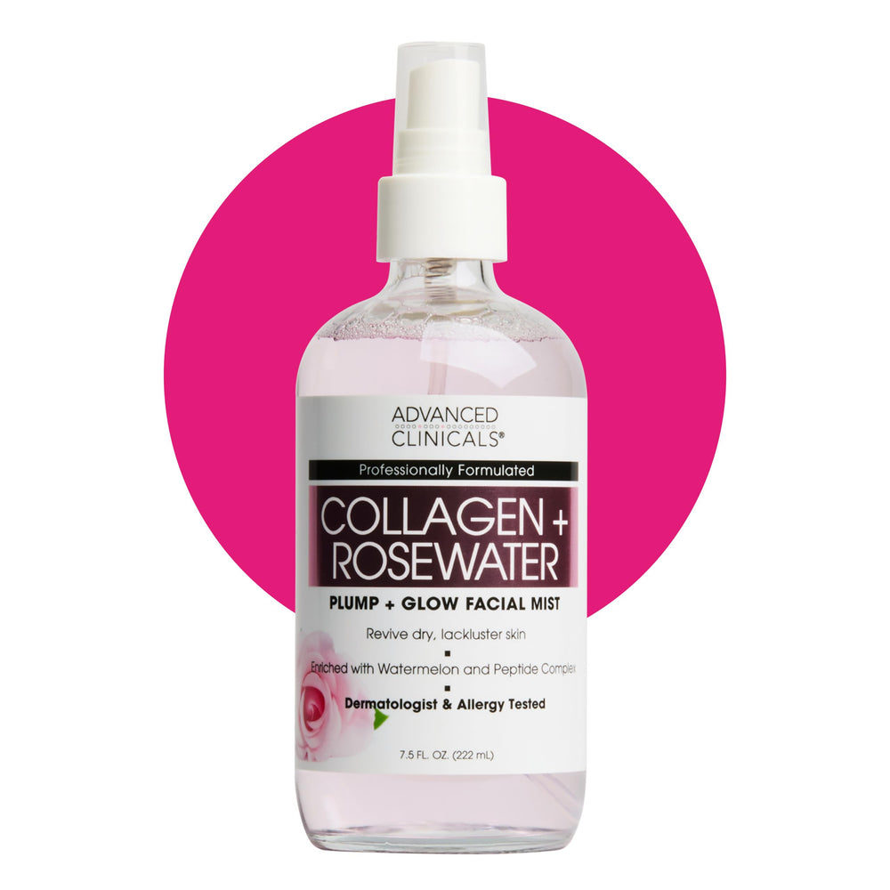 Advanced Clinicals Collagen Rosewater Face Mist bottle close-up for hydration and glow.