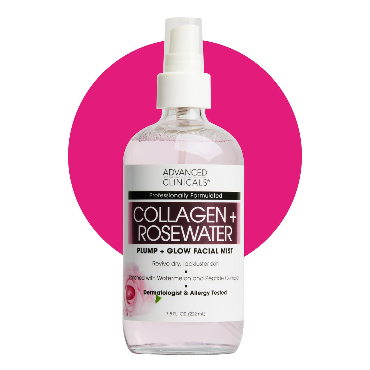 Advanced Clinicals Collagen Rosewater Face Mist bottle close-up for hydration and glow.
