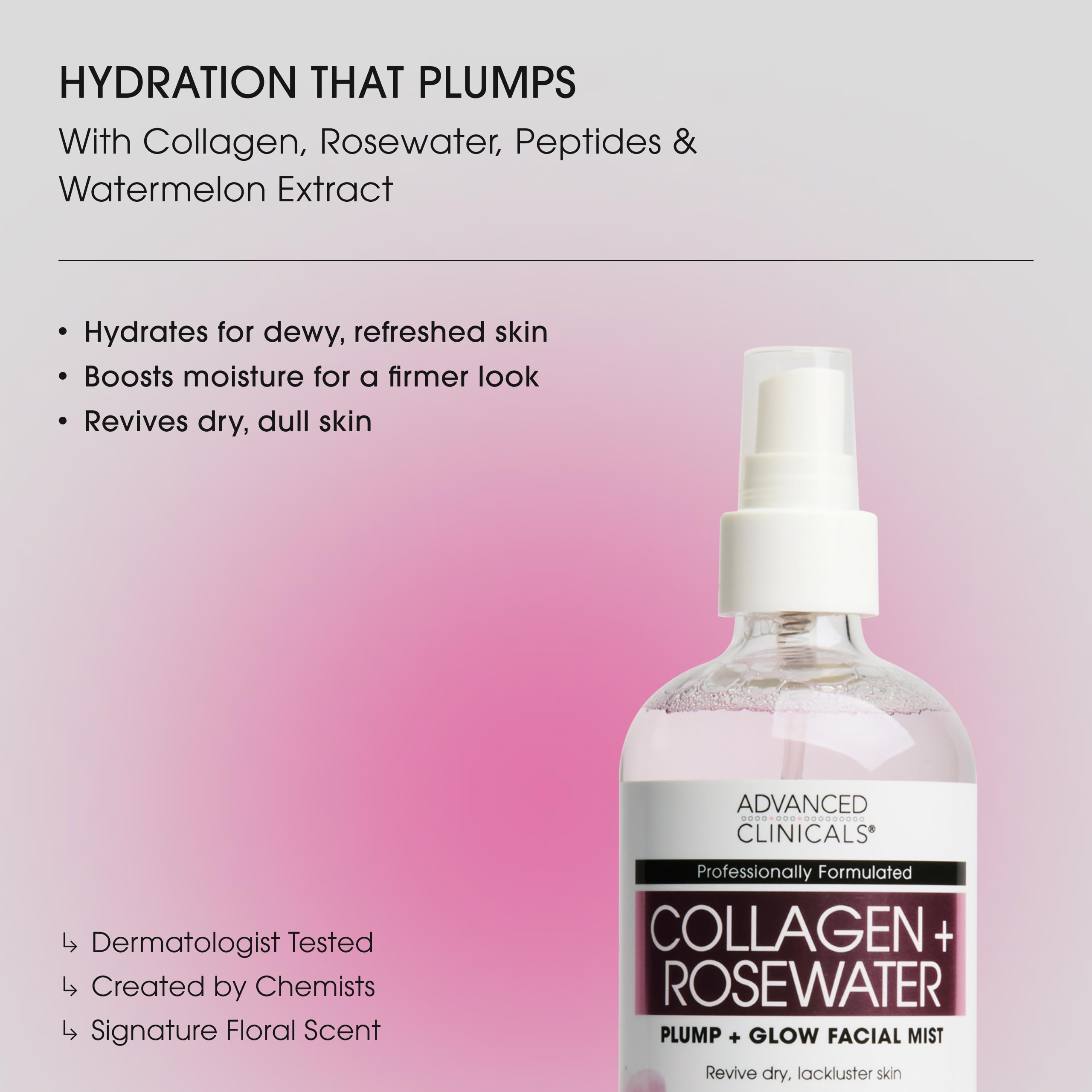 Advanced Clinicals Collagen Rosewater Face Mist dispensing spray for easy, even application.