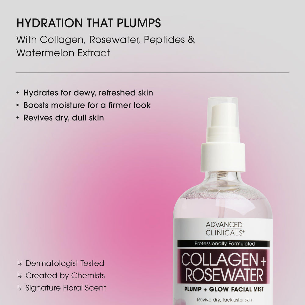 Advanced Clinicals Collagen Rosewater Face Mist dispensing spray for easy, even application.
