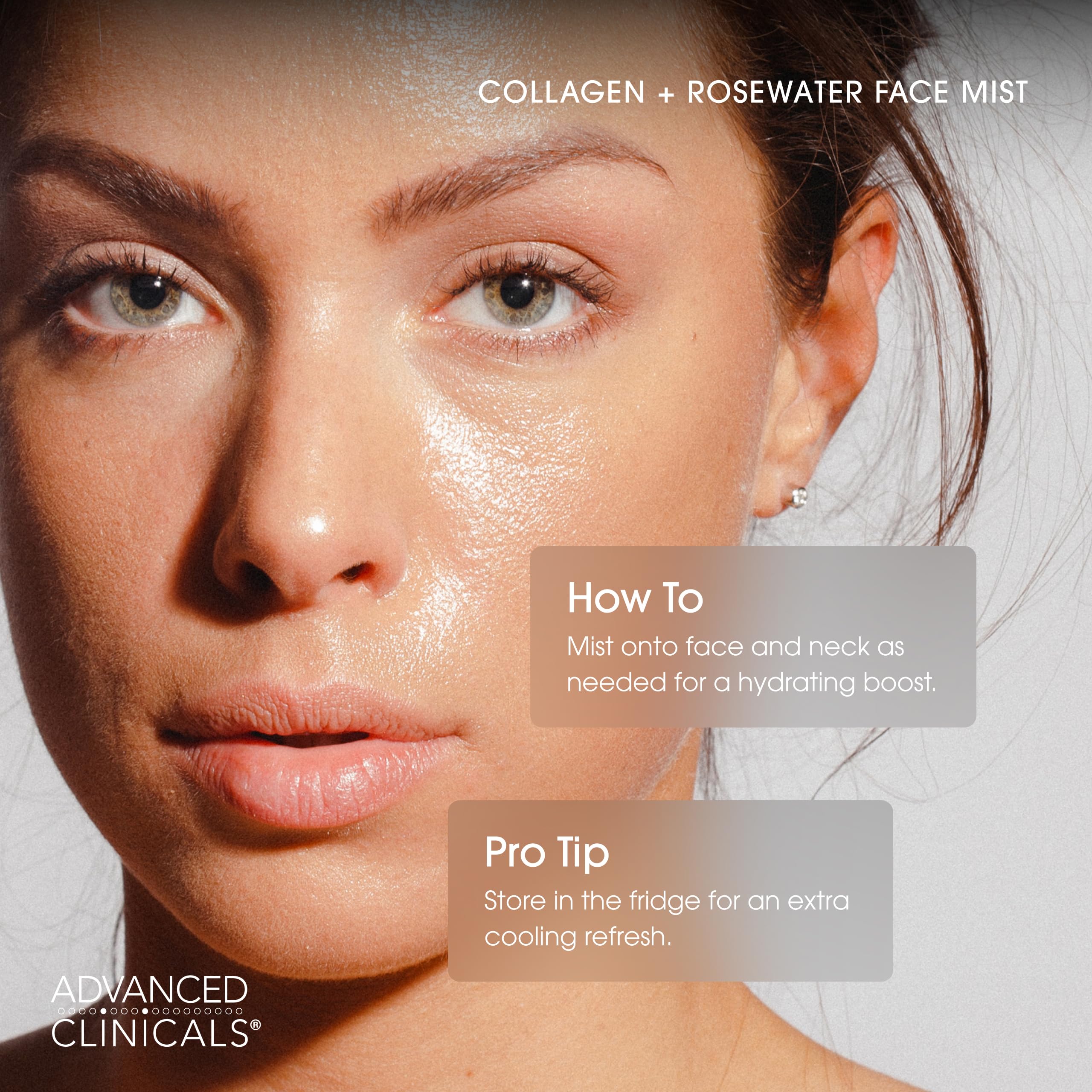 Advanced Clinicals Collagen Rosewater Face Mist glow-focused shot for radiant skin.