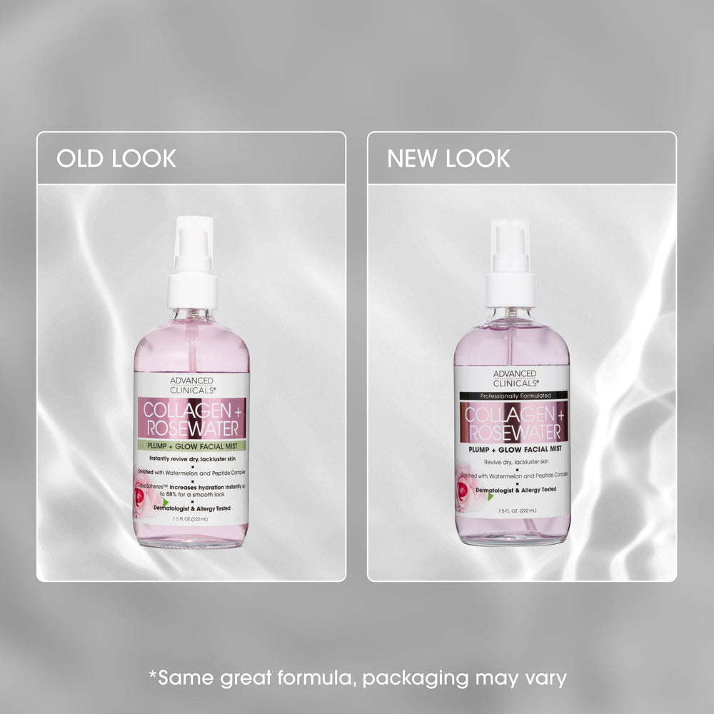 Advanced Clinicals Collagen Rosewater Face Mist travel-friendly bottle on shelf.