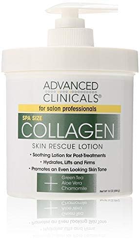 Advanced Clinicals Collagen Skin Rescue Lotion sur étagère, routine hydratante quotidienne.