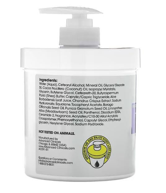 Advanced Clinicals crème corps application mains hydratation durable