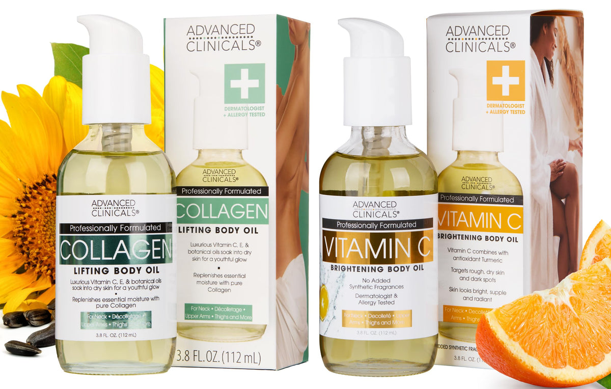 Advanced Clinicals huile collagene corps bouteille – hydratation durable pour peau repulpée.